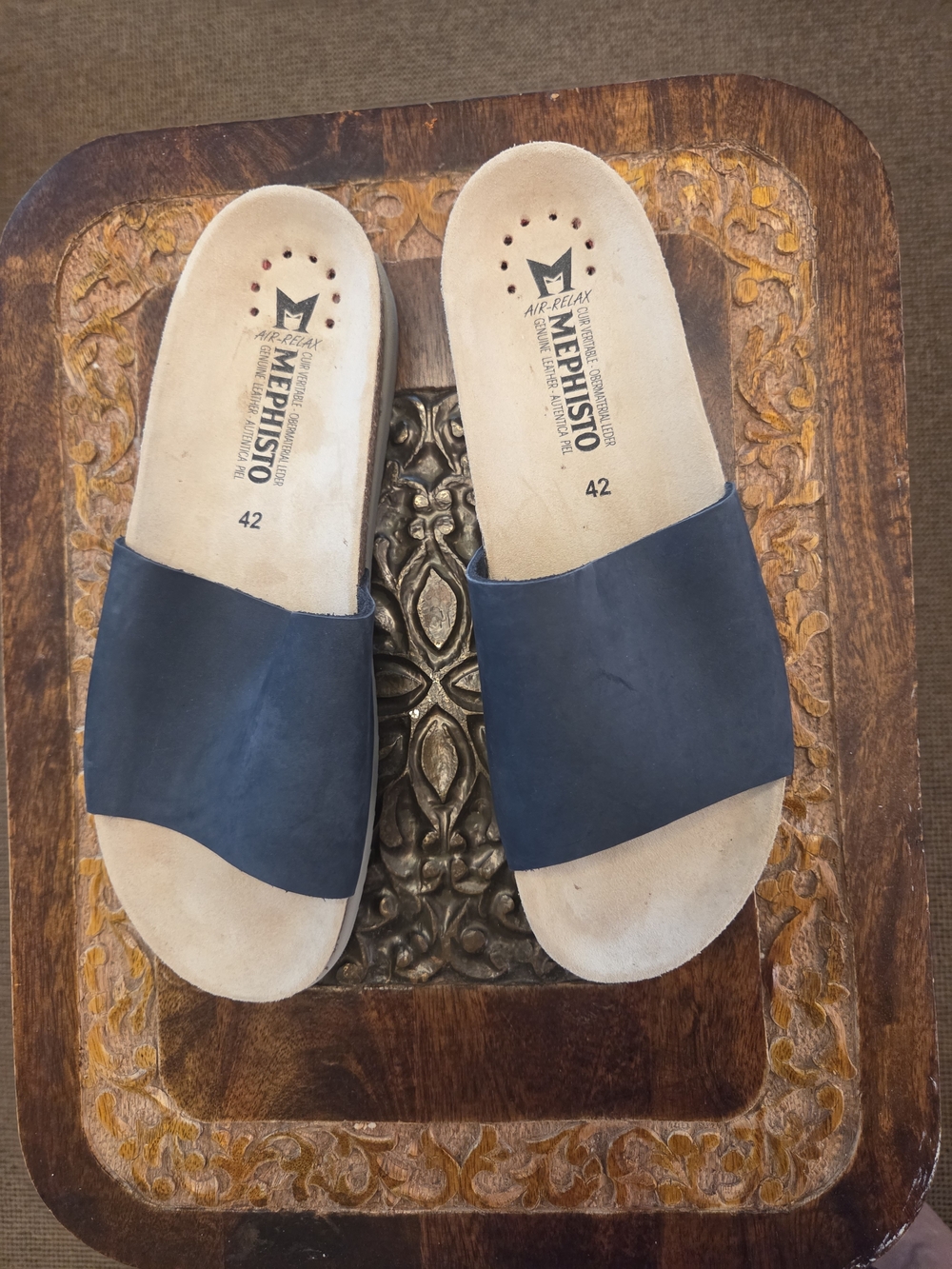 Mephisto Navy Leather Slide Sandals with Beige Footbed